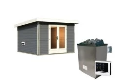 KARIBU Mainburg 1 Saunahaus, Terragrau, Fichte, 309x309x229 Cm, SET B Mit Doppelflügeltür, Vorraum Und 9 KW Ofen -Gartenmöbel Geschäft 31318 5 02.jpg