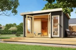 KARIBU Mainburg 3 Saunahaus, Terragrau, Fichte, 369x369x229 Cm, SET A Mit Doppelflügeltür, Vorraum Und 9 KW Bio-Ofen