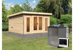 KARIBU Mainburg 3 Saunahaus, Naturbelassen, Fichte, 369x369x229 Cm, SET B Mit Doppelflügeltür, Vorraum Und 9 KW Bio-Ofen