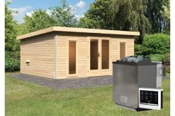 KARIBU Mainburg 4 Saunahaus, Naturbelassen, Fichte, 490x368x229 Cm, SET A Mit Doppelflügeltür, Vorraum Und 9 KW Bio-Ofen