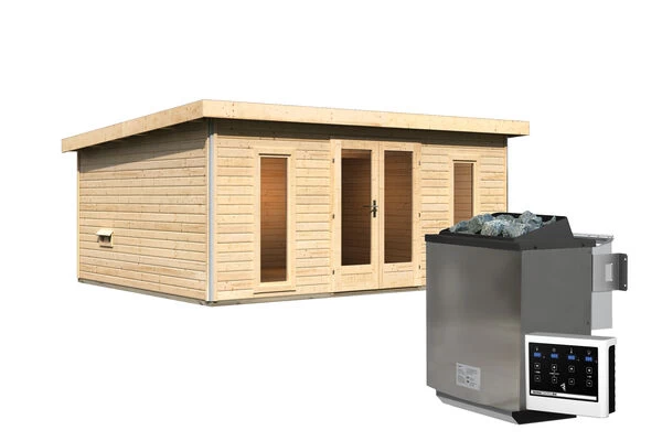 KARIBU Mainburg 4 Saunahaus, Naturbelassen, Fichte, 490x368x229 Cm, SET A Mit Doppelflügeltür, Vorraum Und 9 KW Bio-Ofen 4 KARIBU Mainburg 4 Saunahaus, Naturbelassen, Fichte, 490x368x229 Cm, SET A Mit Doppelflügeltür, Vorraum Und 9 KW Bio-Ofen – Bild 2