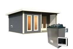 KARIBU Mainburg 5 Saunahaus, Terragrau, Fichte, 508x368x253 Cm, SET B Mit Doppelflügeltür, Terrasse Und 9 KW Ofen -Gartenmöbel Geschäft 31326 5 03.jpg