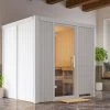 KARIBU Sodin Sauna, Lichtgrau, Fichte, 196x170x198 Cm, Inkl. Fronteinstieg, Ganzglastür Und 4,5 KW Ofen Integr. Strg.