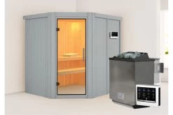 KARIBU Siirin Sauna, Lichtgrau, Fichte, 196x170x198 Cm, Inkl. Eckeinstieg, Ganzglastür Und 4,5 KW Bio-Ofen Ext. Strg.