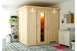 KARIBU Eupin Energiespar-Sauna, Naturbelassen, Fichte, 210x184x202 Cm, Mit Kranz Und 3,6 KW Ofen Integr. Steuerung