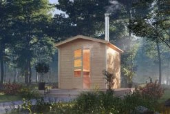 KARIBU Bosse 1 Saunahaus, Naturbelassen, Fichte, 231x273x235 Cm, Moderne Tür & Holzofen Inkl. Schornstein