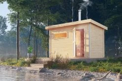 KARIBU Skrollan 3 Saunahaus, Terragrau, Fichte, 396x231x227 Cm, Moderner Tür & Holzofen Inkl. Schornstein