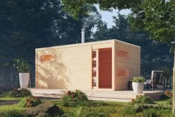KARIBU Hygge Saunahaus, Naturbelassen, Fichte, 508x276x221 Cm Mit Holzofen, Inkl. Drei Liegen