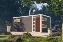 KARIBU Hygge Saunahaus, Terragrau, Fichte, 508x276x221 Cm Mit Holzofen, Inkl. Drei Liegen