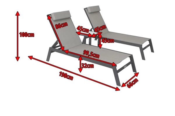 VILLANA 2er-Set Sonnenliegen, Anthrazit/grau, Alu/Textil, 198x66x32cm, Mit Beistelltisch 45x45cm 7 VILLANA 2er-Set Sonnenliegen, Anthrazit/grau, Alu/Textil, 198x66x32cm, Mit Beistelltisch 45x45cm – Bild 5