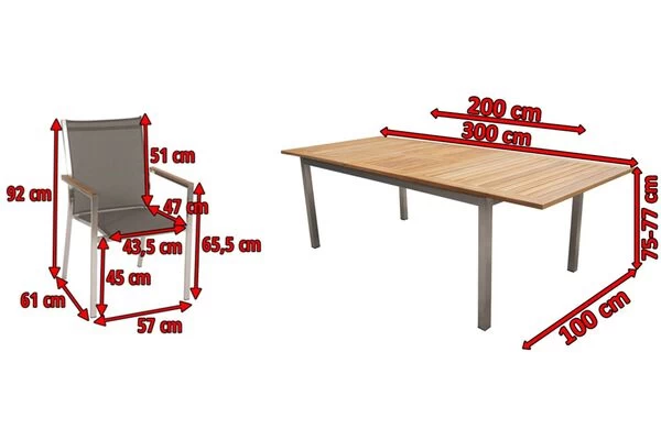 STERN Cardiff Esstischgruppe, Silber/taupe, Edelstahl/FSC-Teak, Tisch 200/300 X 100 Cm, 6 Stapelsessel 7 STERN Cardiff Esstischgruppe, Silber/taupe, Edelstahl/FSC-Teak, Tisch 200/300 X 100 Cm, 6 Stapelsessel – Bild 5