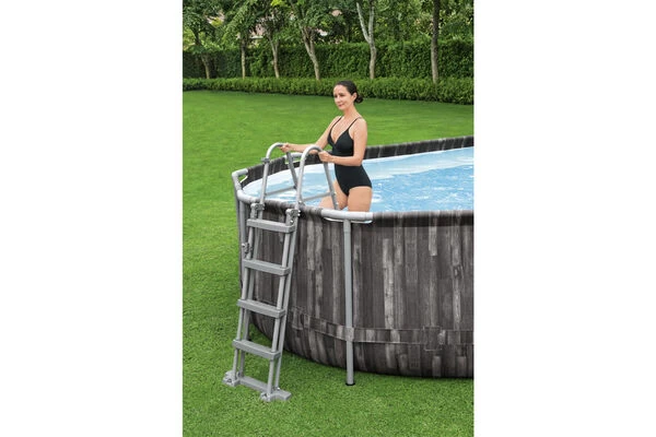 BESTWAY Power Steel Pool, Holz-Optik (dunkelgrau), TriTech, 732x366x122cm, Oval, Mit Filterpumpe, Leiter, Abdeckplane 10 BESTWAY Power Steel Pool, Holz-Optik (dunkelgrau), TriTech, 732x366x122cm, Oval, Mit Filterpumpe, Leiter, Abdeckplane – Bild 8